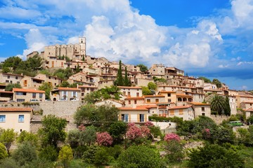 Fototapeta na wymiar Village Eus in Pyrenees-Orientales before rain, Languedoc-Roussillon. Eus is listed as one of the 100 most beautiful villages in France