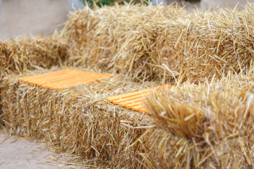 Sofa made of straw, close-up, selective focus.