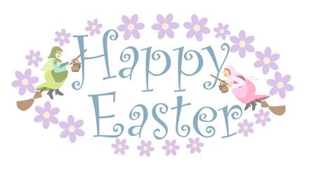 Happy Easter Greetings with scandinavian Easter Witches flying on broomsticks to Blockula (Blåkulla), vector illustration