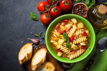 Minestrone with vegetable and pasta top view.