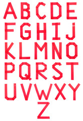 Full english red alphabet from scotch tape on a white background