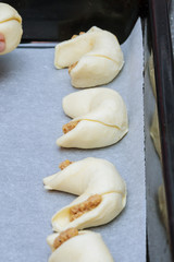 Cooking homemade bagels. Kneading dough, cutting and molding dough. Croissants.