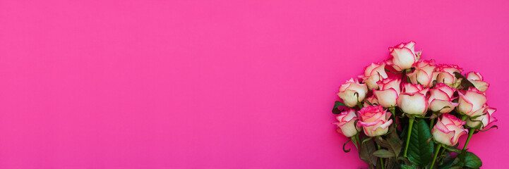 Banner 3:1. Bouquet of fresh pink roses on magenta background. Top view. Flat lay. Copy space. Valentines day, mothers day or birthday celebration concept