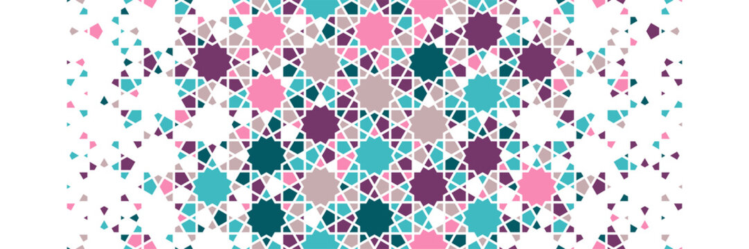Morocco pattern, arabesque vector border. Geometric halftone texture, morocco pattern with color tile disintegration.
