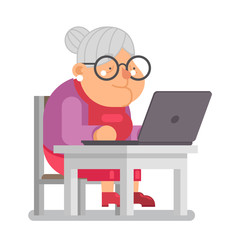 pc computer granny with old lady education character cartoon flat design vector illustration