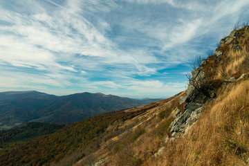 Fototapeta na wymiar Carpathian mountains steep rocks landscape scenic view autumn time cloudy sky background