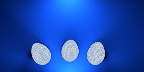 3 easter painted eggs on blue background. 3d render