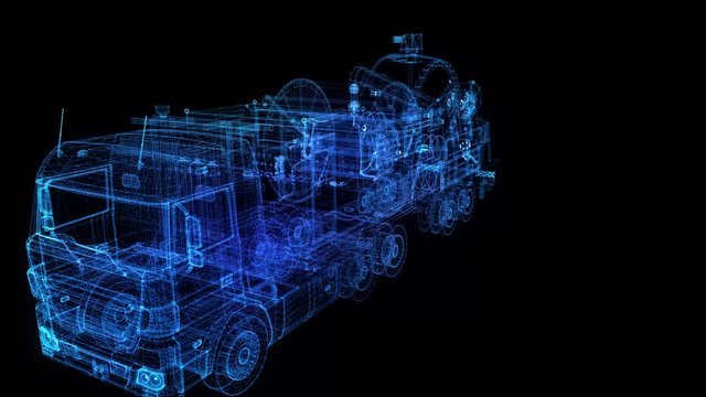 Oil truck machine for repair oil and gas field. Glow points and line formation of oiled tubing machine. Wire-Frame with oil equipment Solid Virtual Model. Digital technology visualization of 3d.