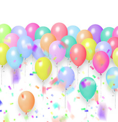 Holiday balloons and confetti flying on white