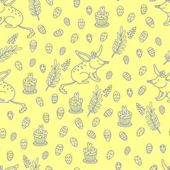 Vector seamless pattern with Easter bilby, eggs, golden wattle and cupcakes. Great print  for fabric, wrapping papers, wallpapers,  cover. Illustration in doodle style, purple on yellow background.