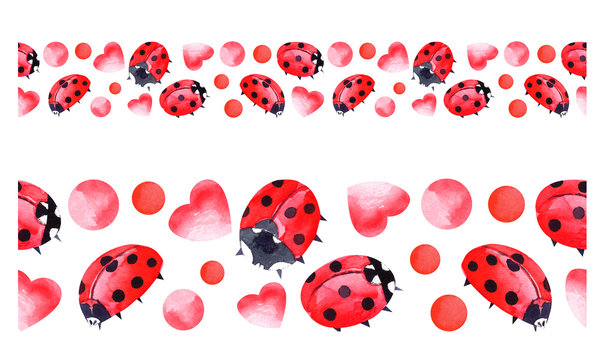Ladybug seamless borders with red, pink hearts, confettis. Isolated elements on a white background.  Stock illustration hand painted in watercolor.