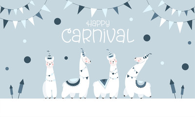 Happy Carnival - Süße abstrakte Lamas feiern Karneval, blauer Hintergrund, Banner © frittipix