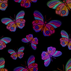 Decorative seamless multicolor pattern with  butterfly stylized texture of embroidery, imitation of multicolor ornamental satin stitch. Vector pattern for printing on fabric, clothes, t-shirt. 