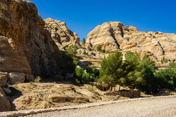Fototapeta premium Vintage photo from the archive. Road to Sik gorge leading to ancient city of Petra. Between steep cliffs lies pedestrian road to entrance to Sik Gorge.