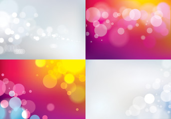 Bokeh abstract blurry lights backgrounds set. Colorful vector illustrations for your design. Holidays magic festive shiny theme collection.