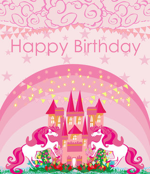 Cute unicorns and fairy-tale princess castle - birthday card