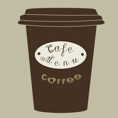 A paper cup with a plastic lid, color vector illustration drawn by hand in brown color with inscription Cafe, menu, coffee