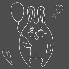 Illustration for valentines day. Funny bunny with a balloon. Circuit. Doodles. Dark background. Vector illustration.