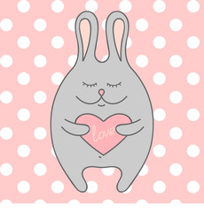 Illustration for valentine's day. Cute rabbit with a heart. Pink pea background. Vector illustration.