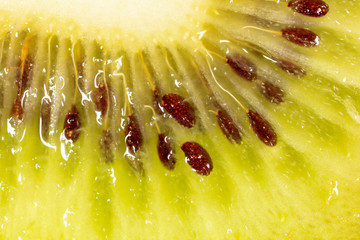 Seeds on a sliced green kiwi as a background