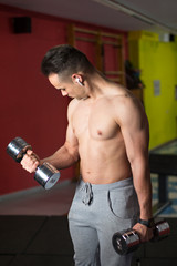 Young muscular man performing dumbbell exercise.