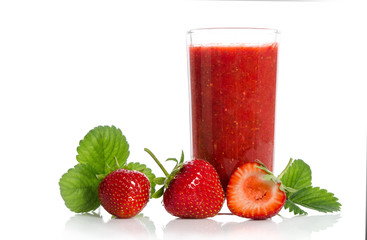 strawberries, two and one half with strawberry cocktail smoothie  isolated on white backgraund