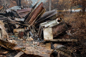 Australian bushfire aftermath: Burnt building ruins and rubble at Blue Mountains, Australia