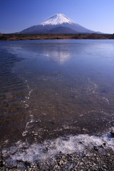富士山が映った透明な湖