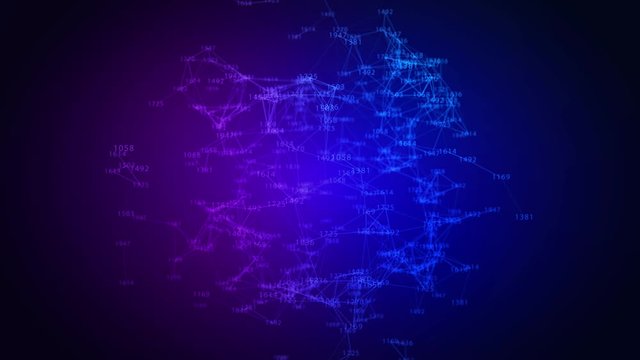 Digital Data Points Network. Blue background, rotating flickering white light mesh cloud of connections, random percentage number values. 4K UHD, FullHD.
