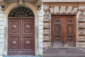 two old wooden doors trimmed with metal decorations from different cities of Europe