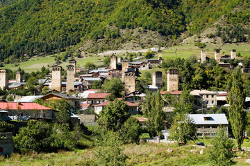 Fototapeta na wymiar Svan towers are the main attraction of Mestia, a village in Svaneti, a mountainous region of Georgia. The towers of the VIII-XVIII centuries - ancestral constructions for housing and for protection