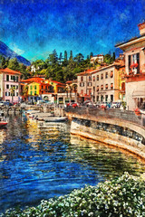 Fototapeta premium View old town Menaggio on Lake Como, Italy - vintage painted style illustration