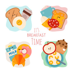 Breakfast set concept. Morning food with toasts, eggs, cornflakes and coffee. Meal for mornings are bread, croissant, fruits, milk and cheese