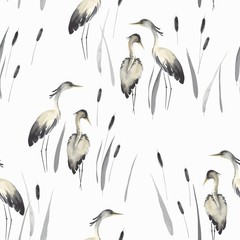 Herons in oriental style with cattails, wildlife illustration, seamless pattern. Vector print in vintage watercolor style. - 318579163
