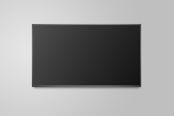 Television on white wall, TV 4K flat screen lcd or oled, plasma realistic illustration, Black blank HD monitor mockup.