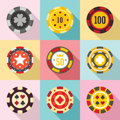 Casino chips icons set. Flat set of casino chips vector icons for web design