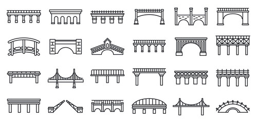 Postavljene ikone za izgradnju mostova. Obrisni skup mostova za izgradnju mostova vektora za web dizajn izolirane na bijeloj pozadini