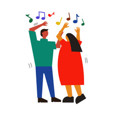 Couple of people dancing. Music and disco concept. Cartoon characters move and dance. Happy men and women illustration.