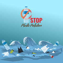 Stop ocean plastic pollution concept. Plastic garbage bottles in the ocean sea waves. Vector illustration.