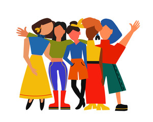Group of happy multicultural women standing together. Cartoon people embrace each other. Female friendship.