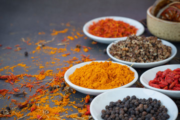 Top view of spoon and spice on dark background.