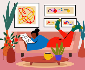 Lonely woman sitting on sofa in her room and reeding newspaper or book. Weekend or free time spending. Young girl chilling out with cup of tee or coffee.