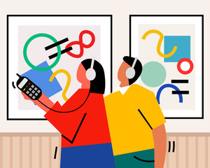 People visit art gallery. Croud of men and women in museum. Tourists doing sightseeing in the city . Contemporary art exibition. Ftat cartoon characters.