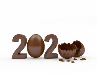 2020 chocolate numbers with a whole Easter egg and an empty broken egg shell isolated on a white background.  3D illustration