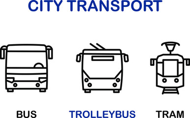 Simple Set of Public Transport Related Vector Icons. Contains such Icons as tram, bus, trolleybus. Black symbols isolated on white. 