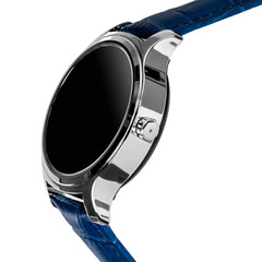 Wireless smart watch in a round shiny silver case and a blue leather strap isolated on white...