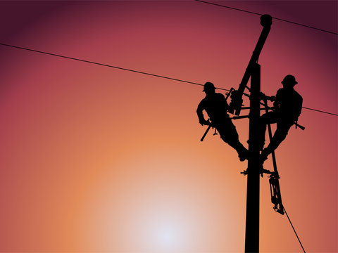 The silhouette of lineman are replacing damaged insulator insulators by using insulated wire-tong sets, tie stick and robe box sets in sliding wires going out in a safety working distance.