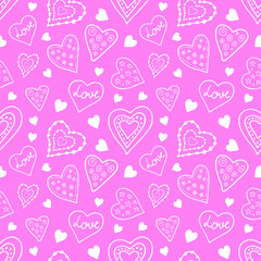 Pink hearts seamless pattern in doodle style. Vector stock illustration. Hand drawing image for Valentines Day decor and wedding invitations.