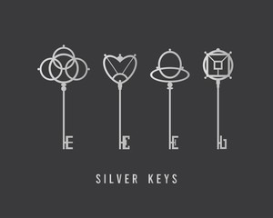 Various elegant vintage, retro Keys. Silver gradient. Minimalistic icons. Graphic vector set. Simple design. Trendy illustration. Every icon is isolated on black backgorund