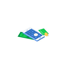 Isometric phone with payment application. Vector illustration money exchange and trade app